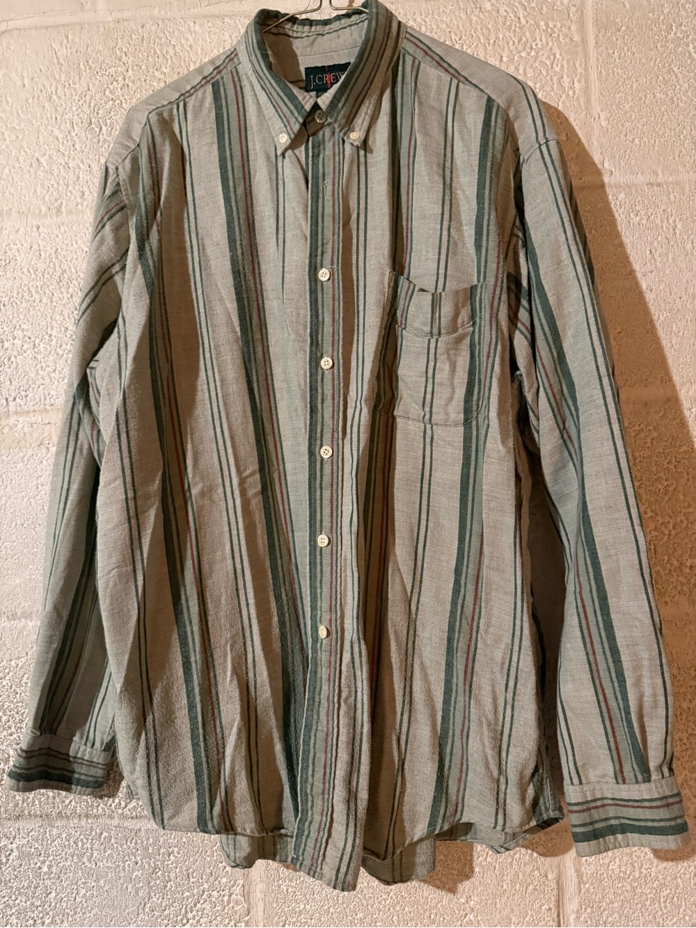 J. Crew vintage Men's Striped Flannel Button-Down Shirt in Sage and Cream